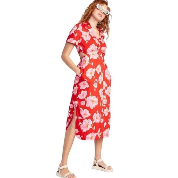 Old Navy Dresses & Skirts - Old Navy Cutout Midi Shirt‎ Dress Women XL Red Floral Short Sleeve Button Collar